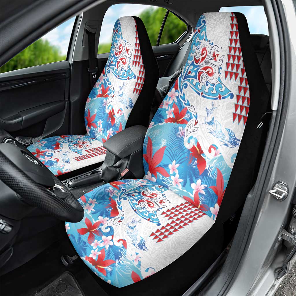 Hawaiian Tribal Manta Ray Car Seat Cover Kakau Tattoo and Flowers Surfing Waves Pattern Ocean Color