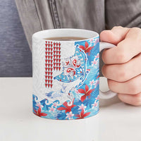 Hawaiian Tribal Manta Ray Ceramic Mug Kakau Tattoo and Flowers Surfing Waves Pattern Ocean Color