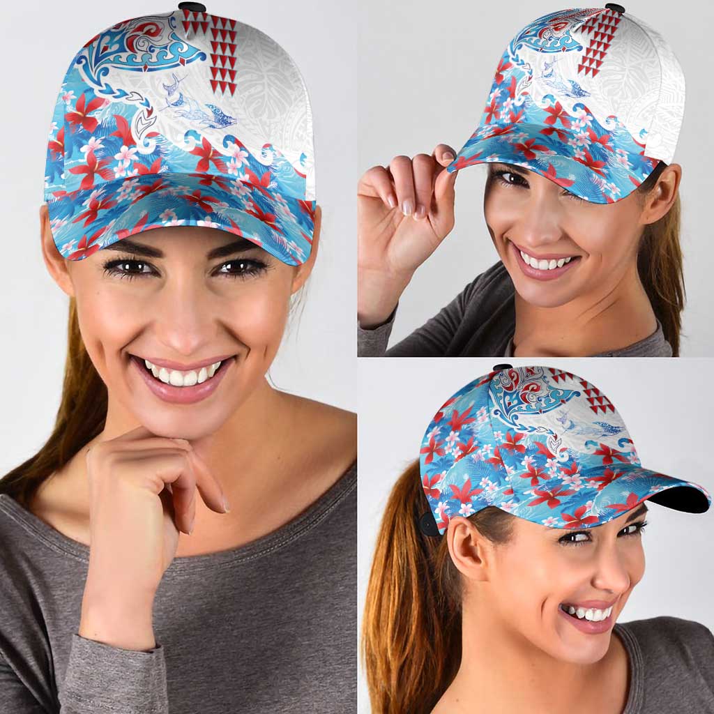 Hawaiian Tribal Manta Ray Classic Cap Kakau Tattoo and Flowers Surfing Waves Pattern Ocean Color