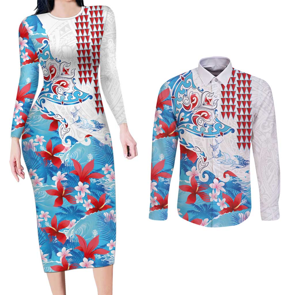 Hawaiian Tribal Manta Ray Couples Matching Long Sleeve Bodycon Dress and Long Sleeve Button Shirt Kakau Tattoo and Flowers Surfing Waves Pattern Ocean Color