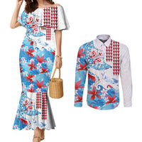 Hawaiian Tribal Manta Ray Couples Matching Mermaid Dress and Long Sleeve Button Shirt Kakau Tattoo and Flowers Surfing Waves Pattern Ocean Color LT03 Multicolor - Polynesian Pride