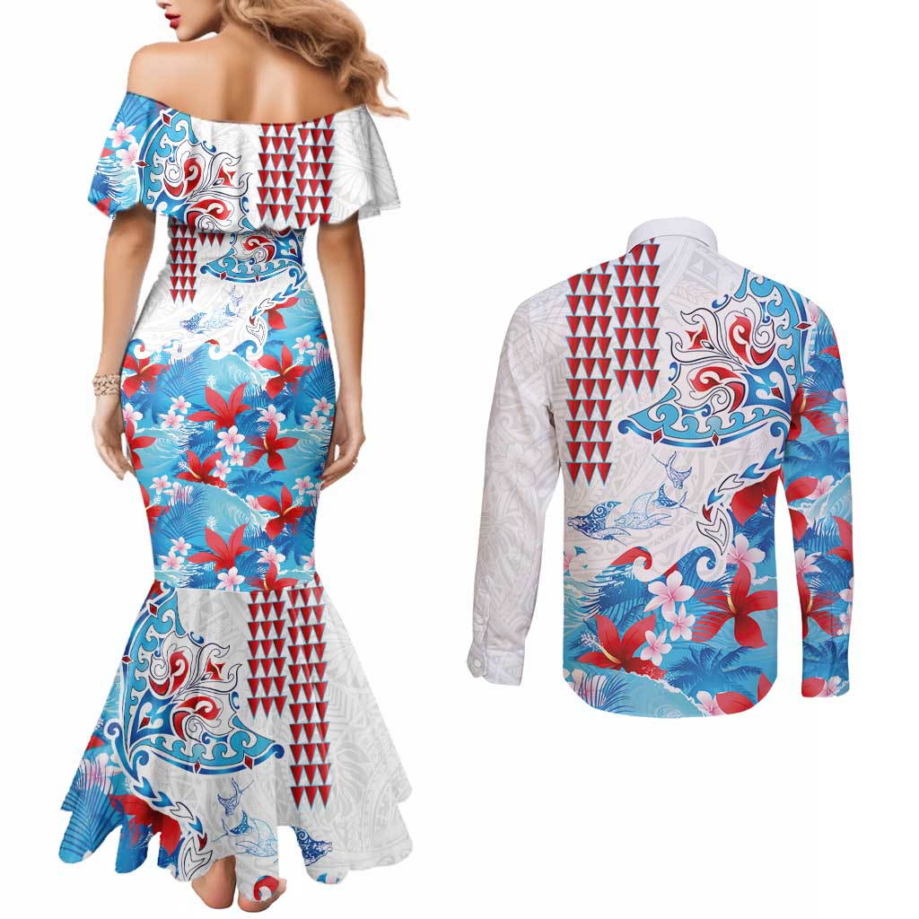 Hawaiian Tribal Manta Ray Couples Matching Mermaid Dress and Long Sleeve Button Shirt Kakau Tattoo and Flowers Surfing Waves Pattern Ocean Color LT03 - Polynesian Pride