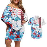 Hawaiian Tribal Manta Ray Couples Matching Off Shoulder Short Dress and Hawaiian Shirt Kakau Tattoo and Flowers Surfing Waves Pattern Ocean Color LT03 Multicolor - Polynesian Pride