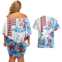 Hawaiian Tribal Manta Ray Couples Matching Off Shoulder Short Dress and Hawaiian Shirt Kakau Tattoo and Flowers Surfing Waves Pattern Ocean Color LT03 - Polynesian Pride