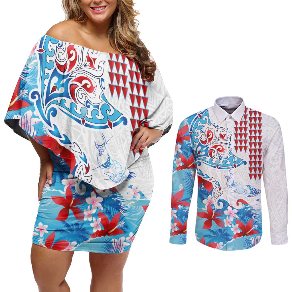 Hawaiian Tribal Manta Ray Couples Matching Off Shoulder Short Dress and Long Sleeve Button Shirt Kakau Tattoo and Flowers Surfing Waves Pattern Ocean Color LT03 Multicolor - Polynesian Pride