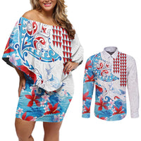Hawaiian Tribal Manta Ray Couples Matching Off Shoulder Short Dress and Long Sleeve Button Shirt Kakau Tattoo and Flowers Surfing Waves Pattern Ocean Color LT03 Multicolor - Polynesian Pride