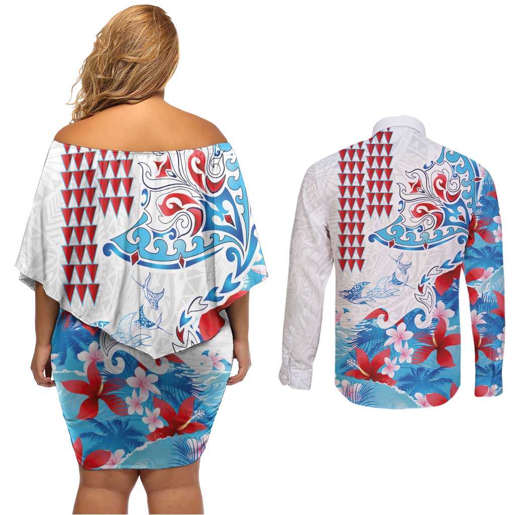 Hawaiian Tribal Manta Ray Couples Matching Off Shoulder Short Dress and Long Sleeve Button Shirt Kakau Tattoo and Flowers Surfing Waves Pattern Ocean Color LT03 - Polynesian Pride