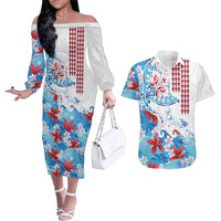 Hawaiian Tribal Manta Ray Couples Matching Off The Shoulder Long Sleeve Dress and Hawaiian Shirt Kakau Tattoo and Flowers Surfing Waves Pattern Ocean Color LT03 Multicolor - Polynesian Pride