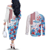 Hawaiian Tribal Manta Ray Couples Matching Off The Shoulder Long Sleeve Dress and Long Sleeve Button Shirt Kakau Tattoo and Flowers Surfing Waves Pattern Ocean Color LT03 - Polynesian Pride
