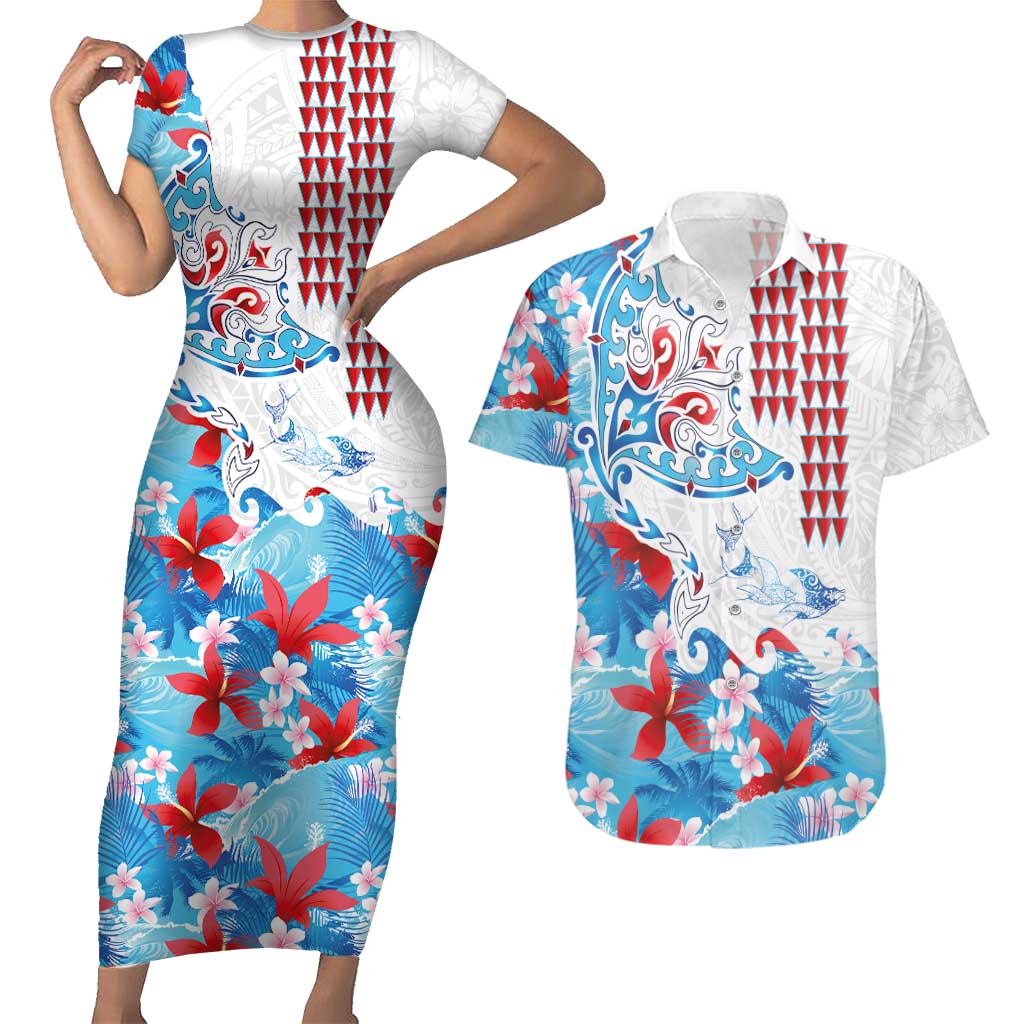 Hawaiian Tribal Manta Ray Couples Matching Short Sleeve Bodycon Dress and Hawaiian Shirt Kakau Tattoo and Flowers Surfing Waves Pattern Ocean Color LT03 Multicolor - Polynesian Pride