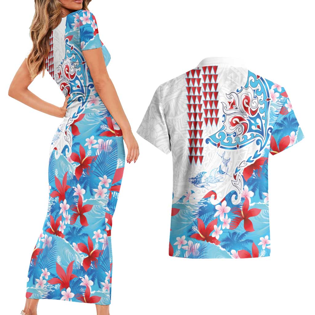 Hawaiian Tribal Manta Ray Couples Matching Short Sleeve Bodycon Dress and Hawaiian Shirt Kakau Tattoo and Flowers Surfing Waves Pattern Ocean Color LT03 - Polynesian Pride