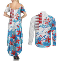 Hawaiian Tribal Manta Ray Couples Matching Summer Maxi Dress and Long Sleeve Button Shirt Kakau Tattoo and Flowers Surfing Waves Pattern Ocean Color LT03 - Polynesian Pride