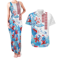 Hawaiian Tribal Manta Ray Couples Matching Tank Maxi Dress and Hawaiian Shirt Kakau Tattoo and Flowers Surfing Waves Pattern Ocean Color LT03 Multicolor - Polynesian Pride