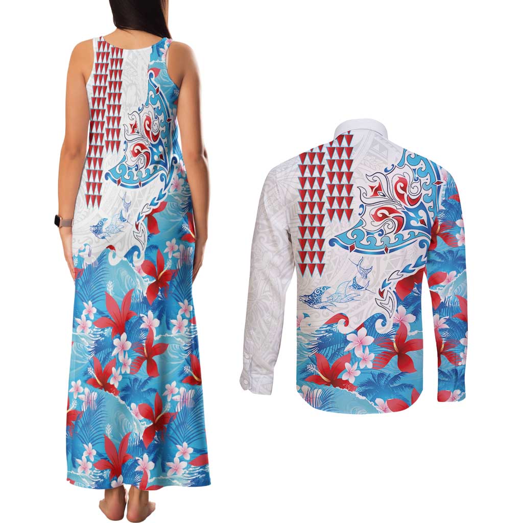 Hawaiian Tribal Manta Ray Couples Matching Tank Maxi Dress and Long Sleeve Button Shirt Kakau Tattoo and Flowers Surfing Waves Pattern Ocean Color LT03 - Polynesian Pride