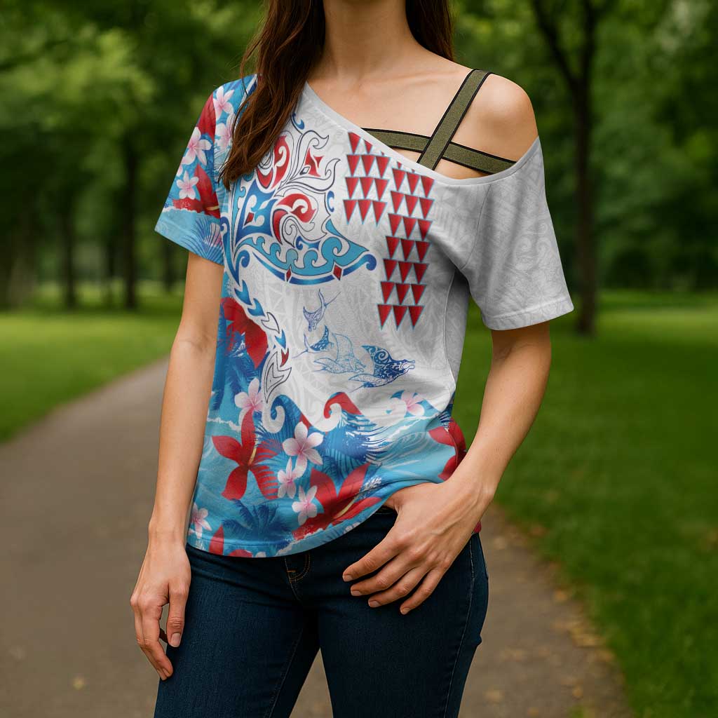 Hawaiian Tribal Manta Ray Cross Shoulder Shirt Kakau Tattoo and Flowers Surfing Waves Pattern Ocean Color