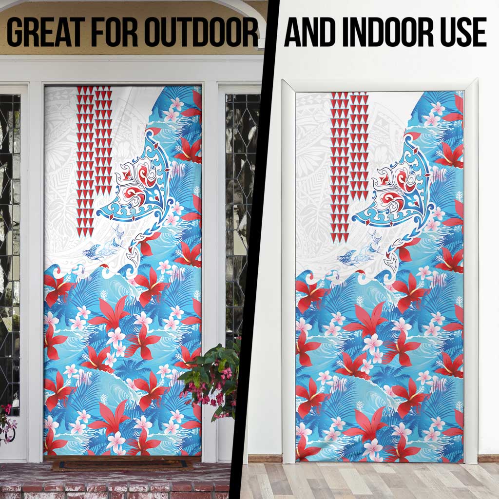 Hawaiian Tribal Manta Ray Door Cover Kakau Tattoo and Flowers Surfing Waves Pattern Ocean Color
