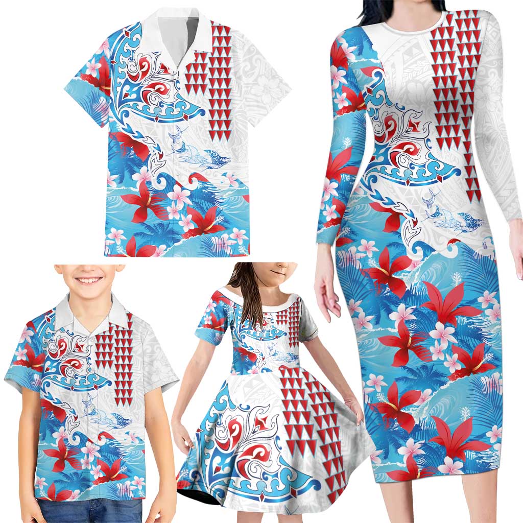 Hawaiian Tribal Manta Ray Family Matching Long Sleeve Bodycon Dress and Hawaiian Shirt Kakau Tattoo and Flowers Surfing Waves Pattern Ocean Color