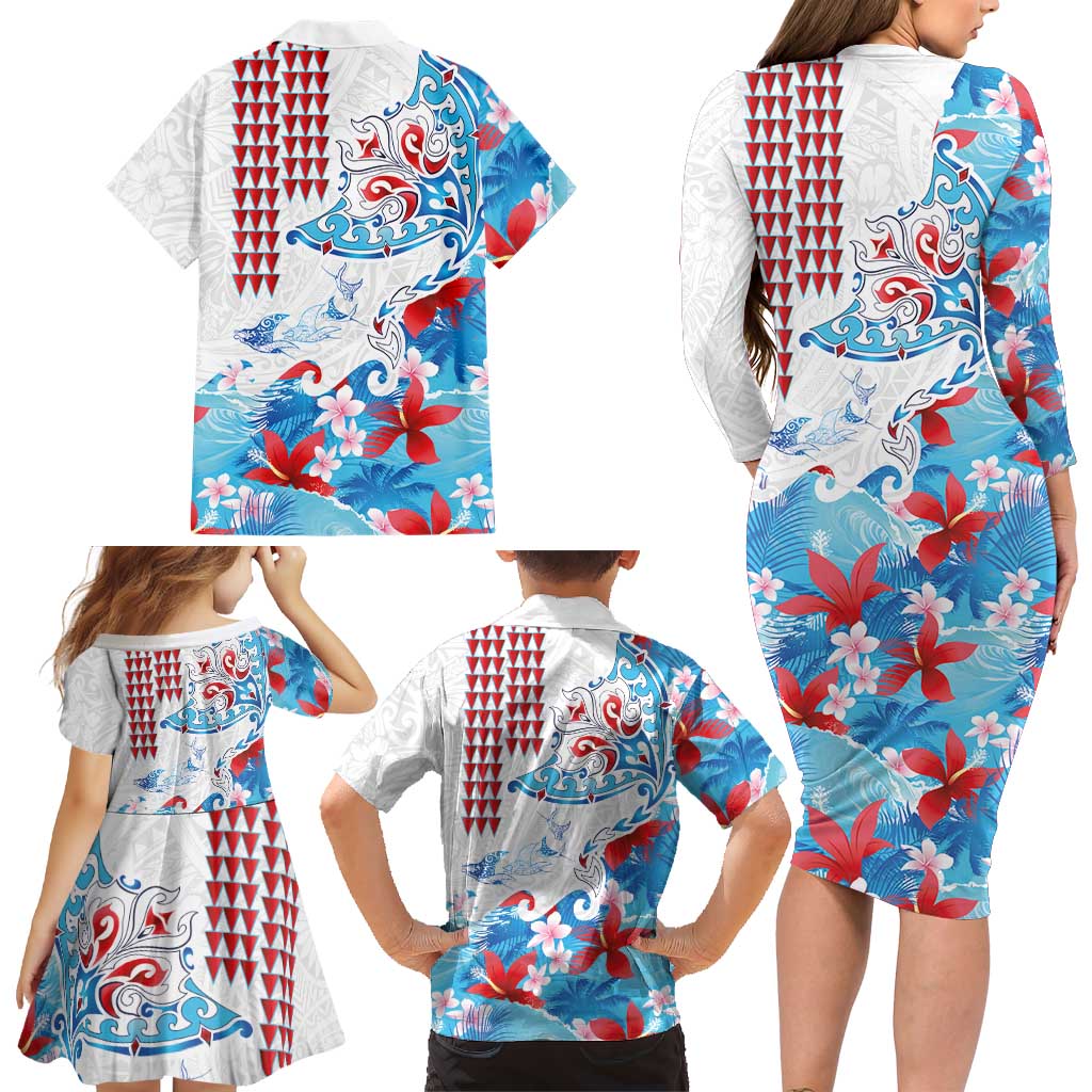 Hawaiian Tribal Manta Ray Family Matching Long Sleeve Bodycon Dress and Hawaiian Shirt Kakau Tattoo and Flowers Surfing Waves Pattern Ocean Color LT03 - Polynesian Pride