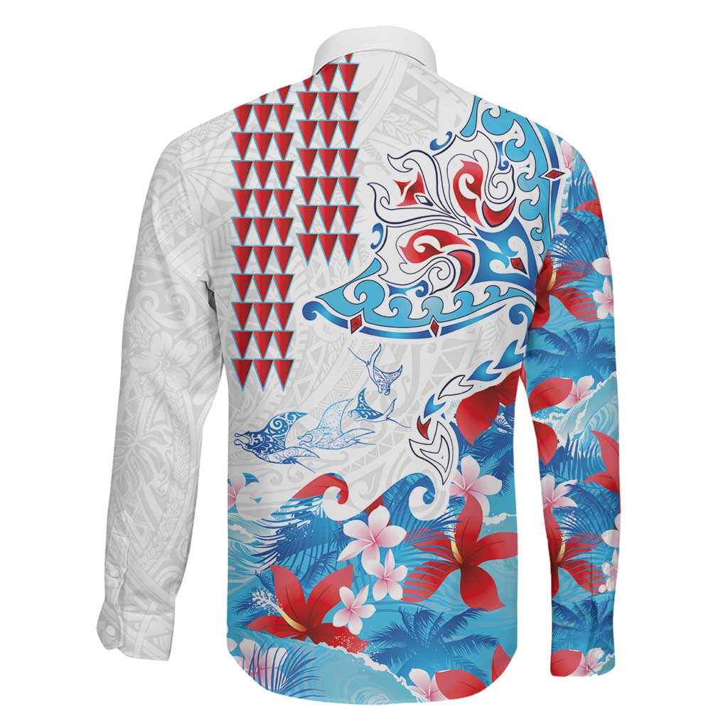 Hawaiian Tribal Manta Ray Family Matching Long Sleeve Bodycon Dress and Hawaiian Shirt Kakau Tattoo and Flowers Surfing Waves Pattern Ocean Color LT03 - Polynesian Pride