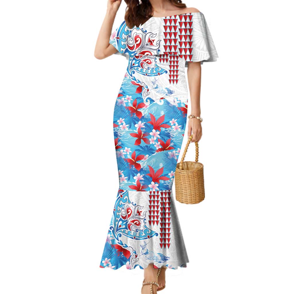 Hawaiian Tribal Manta Ray Family Matching Mermaid Dress and Hawaiian Shirt Kakau Tattoo and Flowers Surfing Waves Pattern Ocean Color LT03 Mom's Dress Multicolor - Polynesian Pride