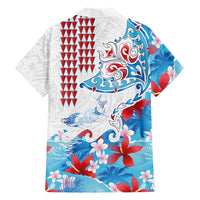 Hawaiian Tribal Manta Ray Family Matching Off The Shoulder Long Sleeve Dress and Hawaiian Shirt Kakau Tattoo and Flowers Surfing Waves Pattern Ocean Color LT03 - Polynesian Pride