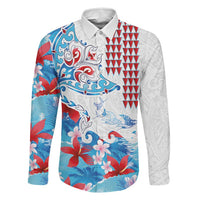 Hawaiian Tribal Manta Ray Family Matching Off The Shoulder Long Sleeve Dress and Hawaiian Shirt Kakau Tattoo and Flowers Surfing Waves Pattern Ocean Color LT03 Dad's Shirt - Long Sleeve Multicolor - Polynesian Pride