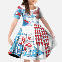 Hawaiian Tribal Manta Ray Family Matching Off Shoulder Maxi Dress and Hawaiian Shirt Kakau Tattoo and Flowers Surfing Waves Pattern Ocean Color LT03 Daughter's Dress Multicolor - Polynesian Pride