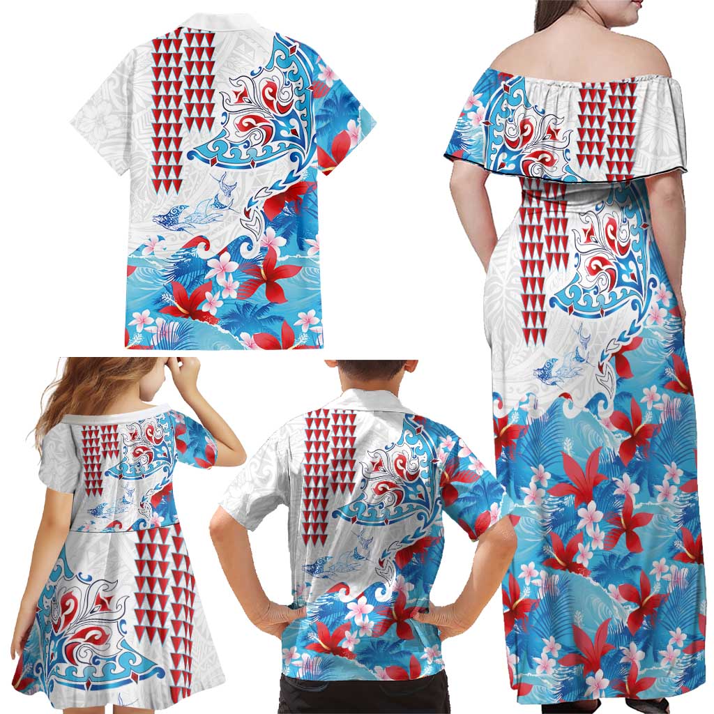 Hawaiian Tribal Manta Ray Family Matching Off Shoulder Maxi Dress and Hawaiian Shirt Kakau Tattoo and Flowers Surfing Waves Pattern Ocean Color LT03 - Polynesian Pride