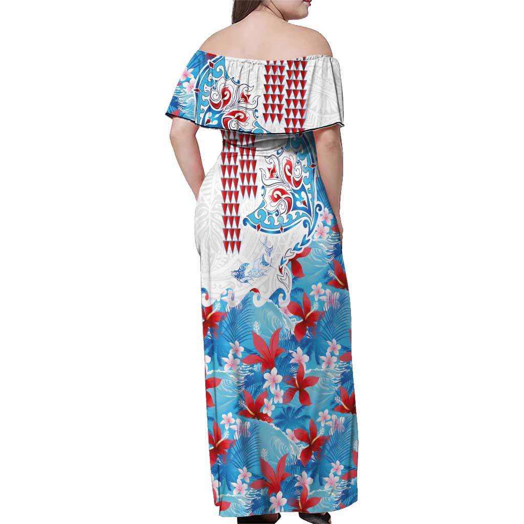Hawaiian Tribal Manta Ray Family Matching Off Shoulder Maxi Dress and Hawaiian Shirt Kakau Tattoo and Flowers Surfing Waves Pattern Ocean Color LT03 - Polynesian Pride