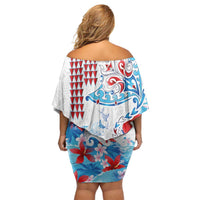 Hawaiian Tribal Manta Ray Family Matching Off Shoulder Short Dress and Hawaiian Shirt Kakau Tattoo and Flowers Surfing Waves Pattern Ocean Color LT03 - Polynesian Pride