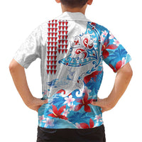 Hawaiian Tribal Manta Ray Family Matching Puletasi and Hawaiian Shirt Kakau Tattoo and Flowers Surfing Waves Pattern Ocean Color LT03 - Polynesian Pride