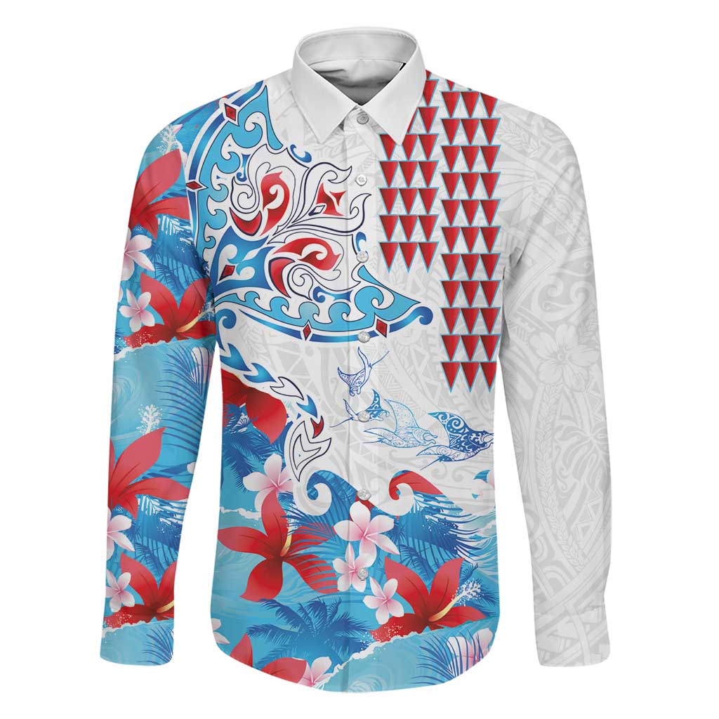 Hawaiian Tribal Manta Ray Family Matching Puletasi and Hawaiian Shirt Kakau Tattoo and Flowers Surfing Waves Pattern Ocean Color LT03 Dad's Shirt - Long Sleeve Multicolor - Polynesian Pride