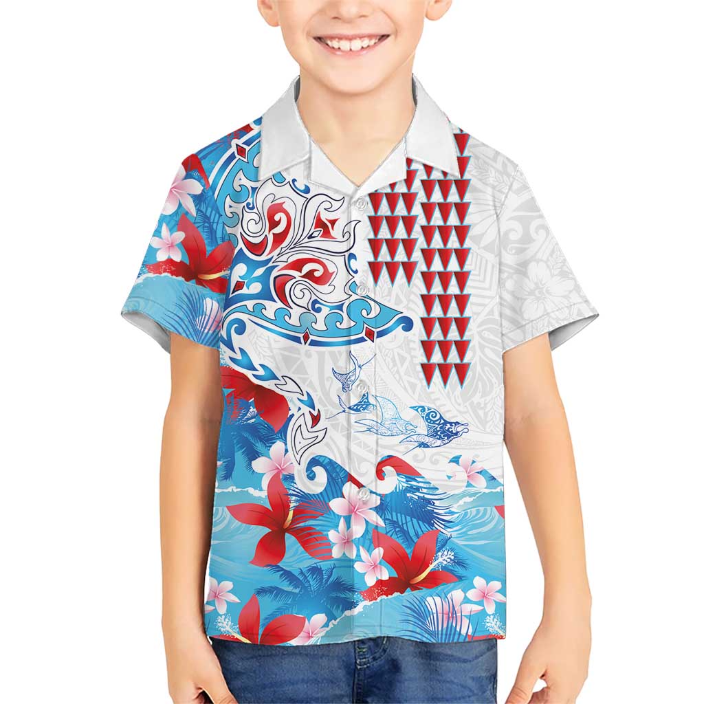 Hawaiian Tribal Manta Ray Family Matching Puletasi and Hawaiian Shirt Kakau Tattoo and Flowers Surfing Waves Pattern Ocean Color LT03 Son's Shirt Multicolor - Polynesian Pride