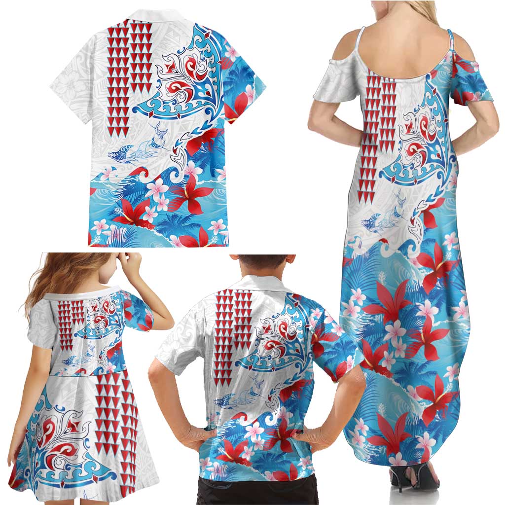 Hawaiian Tribal Manta Ray Family Matching Summer Maxi Dress and Hawaiian Shirt Kakau Tattoo and Flowers Surfing Waves Pattern Ocean Color LT03 - Polynesian Pride