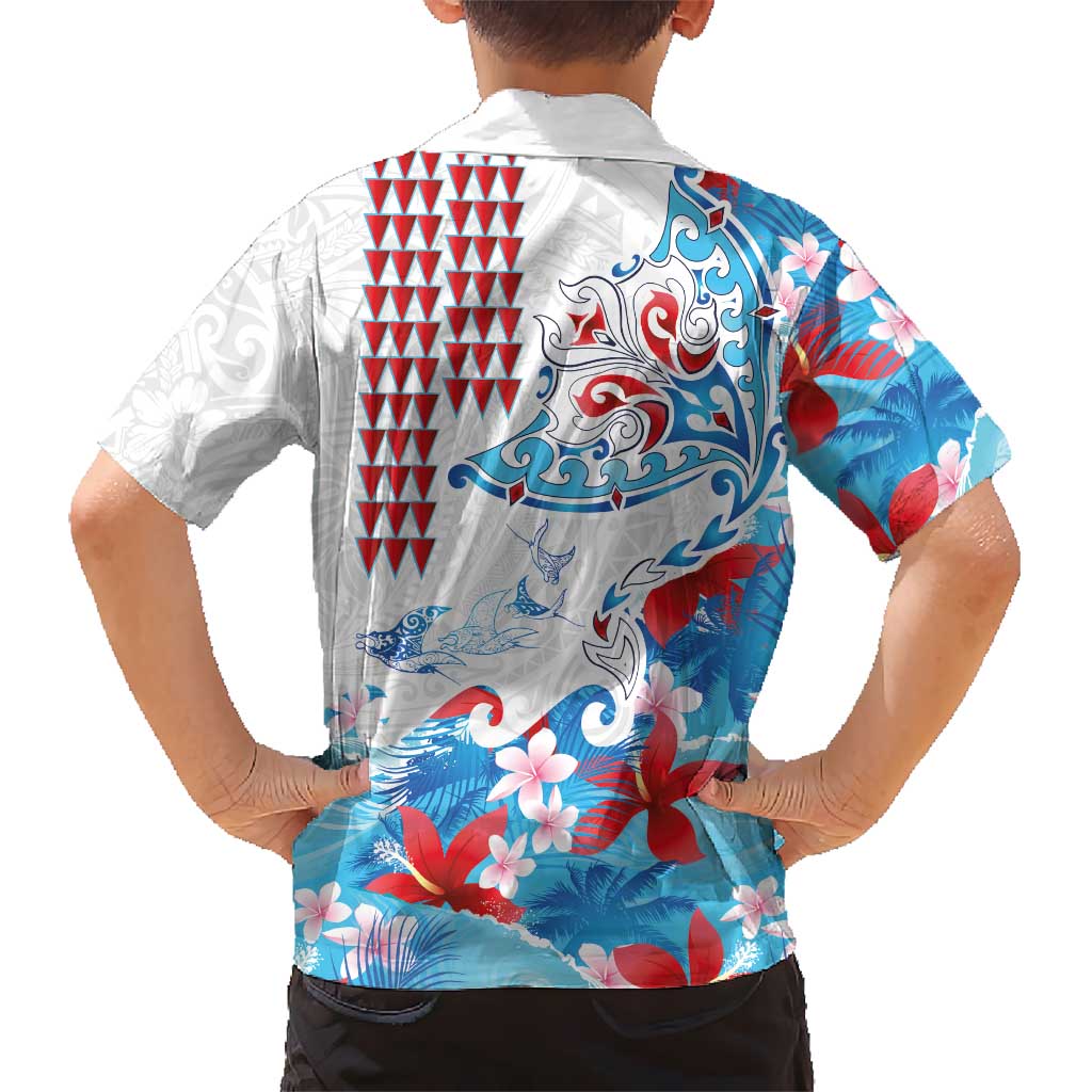 Hawaiian Tribal Manta Ray Family Matching Tank Maxi Dress and Hawaiian Shirt Kakau Tattoo and Flowers Surfing Waves Pattern Ocean Color LT03 - Polynesian Pride
