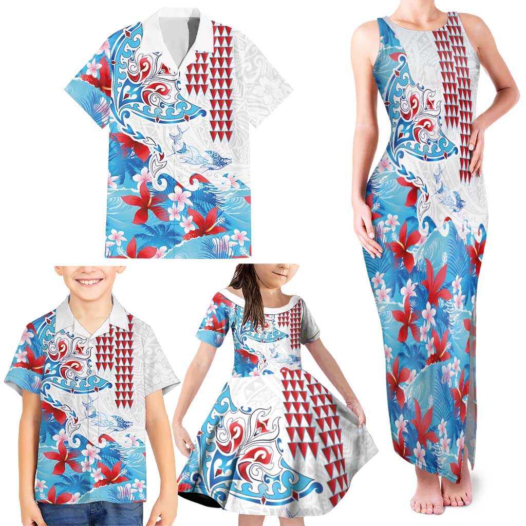 Hawaiian Tribal Manta Ray Family Matching Tank Maxi Dress and Hawaiian Shirt Kakau Tattoo and Flowers Surfing Waves Pattern Ocean Color LT03 - Polynesian Pride