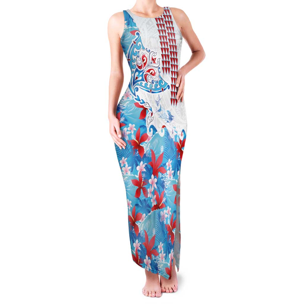 Hawaiian Tribal Manta Ray Family Matching Tank Maxi Dress and Hawaiian Shirt Kakau Tattoo and Flowers Surfing Waves Pattern Ocean Color LT03 Mom's Dress Multicolor - Polynesian Pride