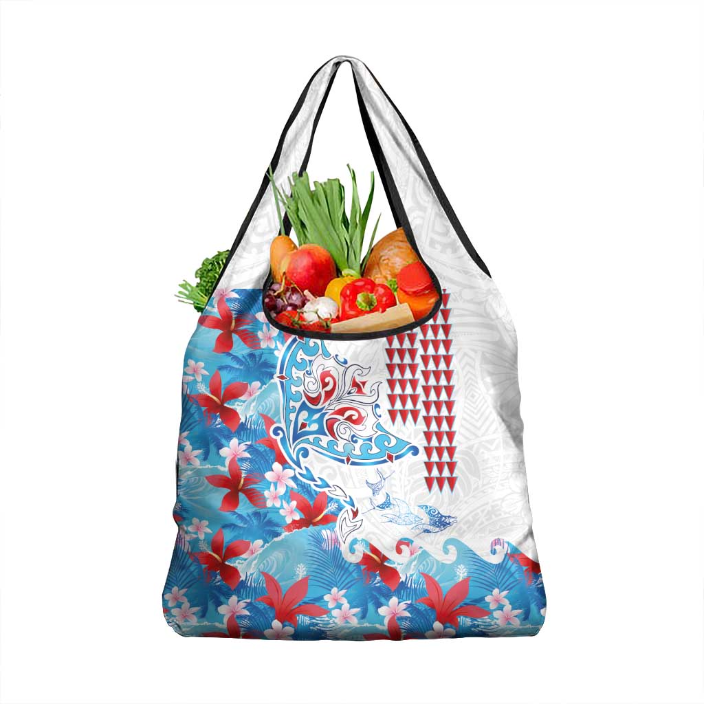 Hawaiian Tribal Manta Ray Grocery Bag Kakau Tattoo and Flowers Surfing Waves Pattern Ocean Color