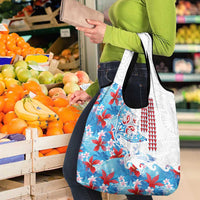 Hawaiian Tribal Manta Ray Grocery Bag Kakau Tattoo and Flowers Surfing Waves Pattern Ocean Color