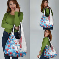 Hawaiian Tribal Manta Ray Grocery Bag Kakau Tattoo and Flowers Surfing Waves Pattern Ocean Color