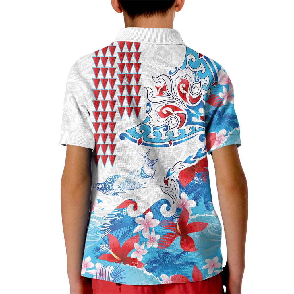 Hawaiian Tribal Manta Ray Kid Polo Shirt Kakau Tattoo and Flowers Surfing Waves Pattern Ocean Color LT03 - Polynesian Pride