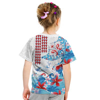 Hawaiian Tribal Manta Ray Kid T Shirt Kakau Tattoo and Flowers Surfing Waves Pattern Ocean Color