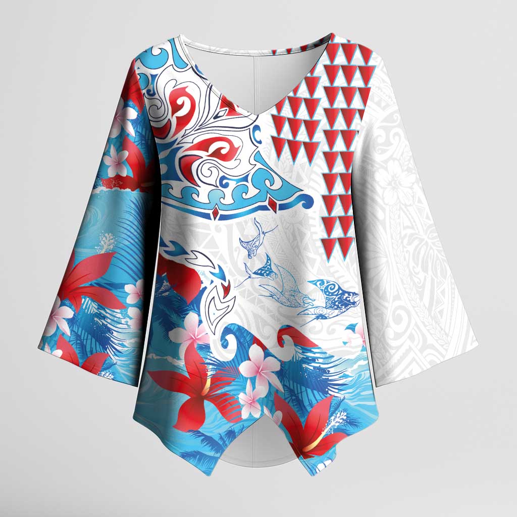 Hawaiian Tribal Manta Ray Kimono Sleeve Blouse Kakau Tattoo and Flowers Surfing Waves Pattern Ocean Color