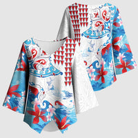 Hawaiian Tribal Manta Ray Kimono Sleeve Blouse Kakau Tattoo and Flowers Surfing Waves Pattern Ocean Color