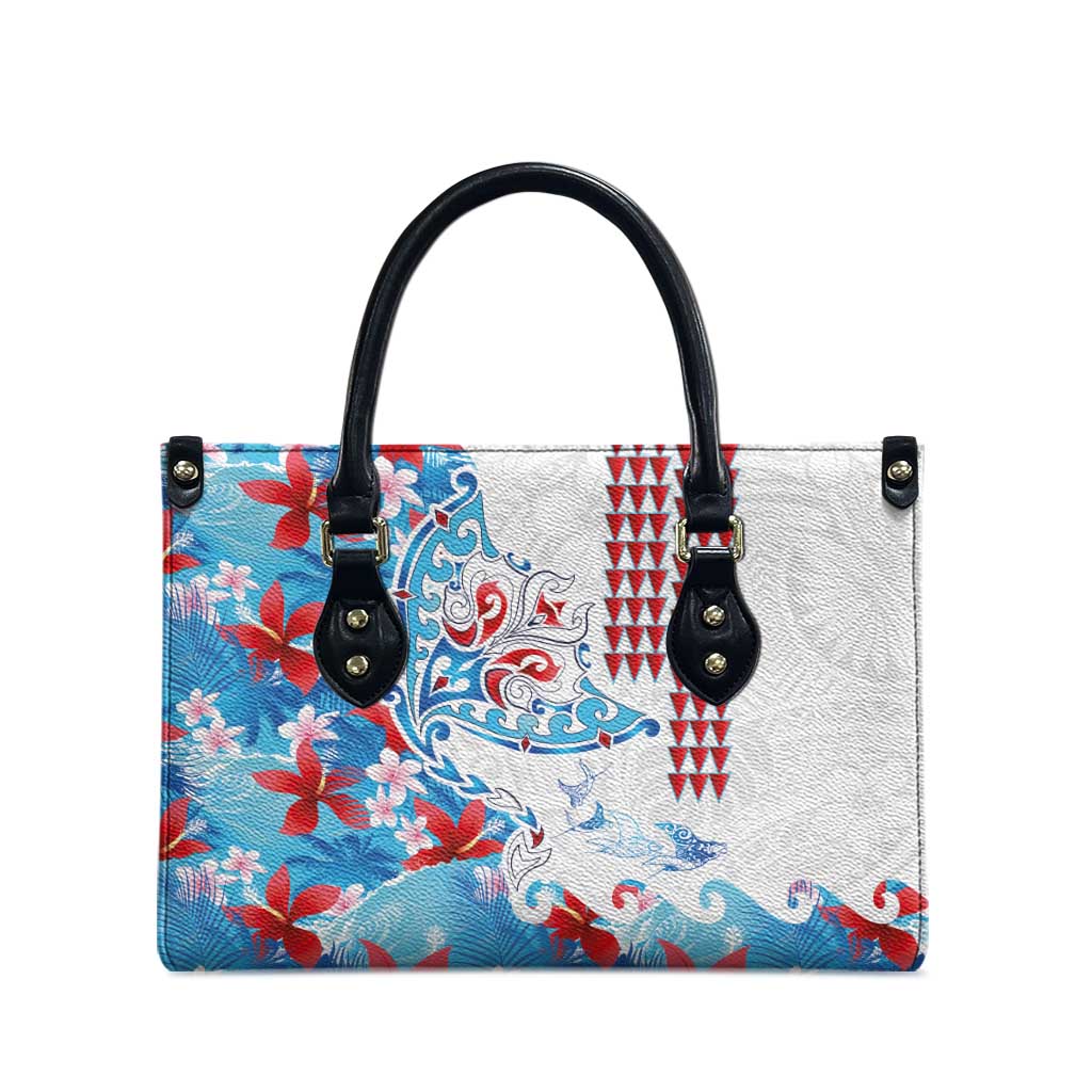Hawaiian Tribal Manta Ray Leather Bag Kakau Tattoo and Flowers Surfing Waves Pattern Ocean Color