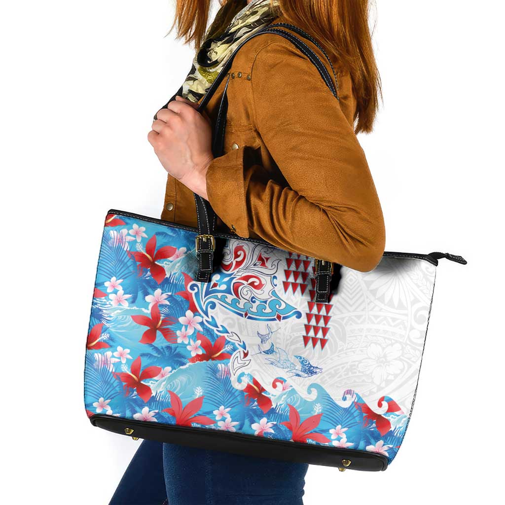 Hawaiian Tribal Manta Ray Leather Tote Bag Kakau Tattoo and Flowers Surfing Waves Pattern Ocean Color