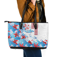 Hawaiian Tribal Manta Ray Leather Tote Bag Kakau Tattoo and Flowers Surfing Waves Pattern Ocean Color