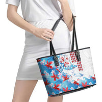 Hawaiian Tribal Manta Ray Leather Tote Bag Kakau Tattoo and Flowers Surfing Waves Pattern Ocean Color