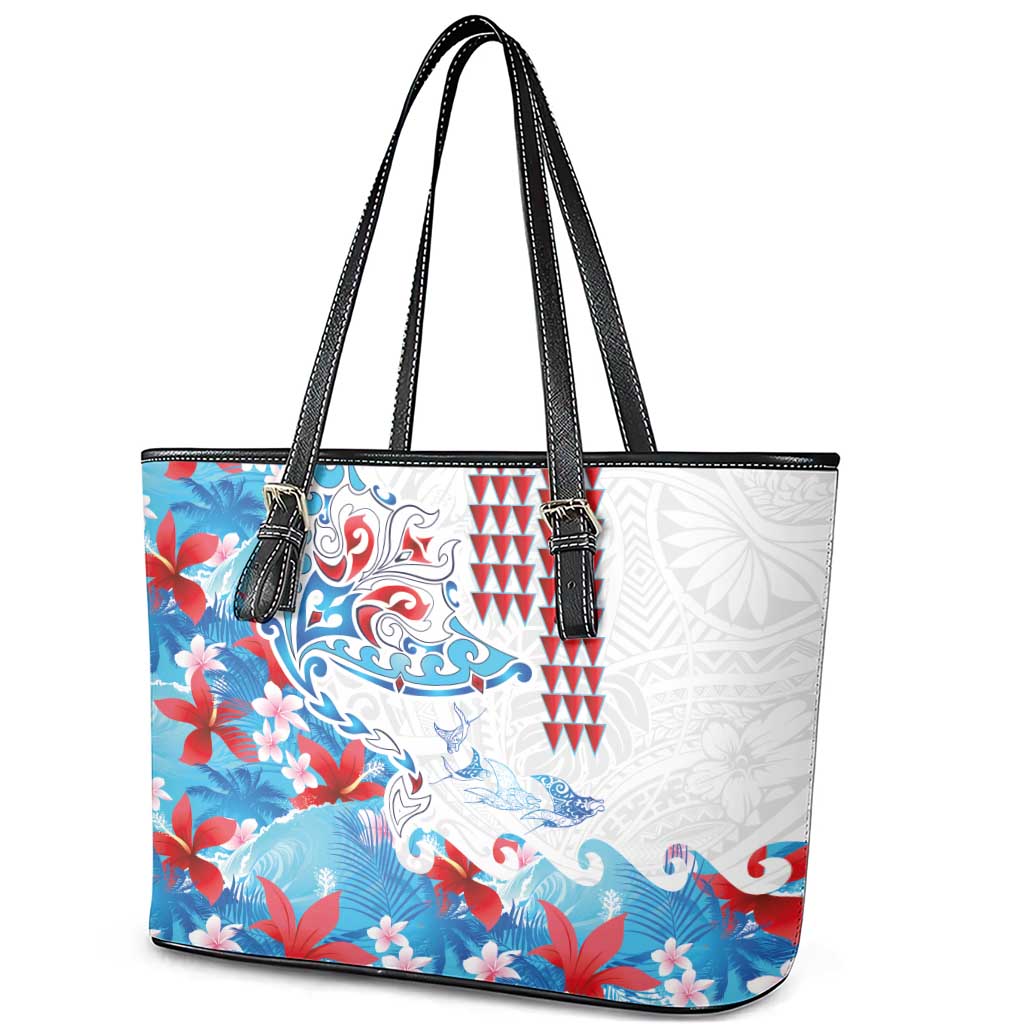 Hawaiian Tribal Manta Ray Leather Tote Bag Kakau Tattoo and Flowers Surfing Waves Pattern Ocean Color