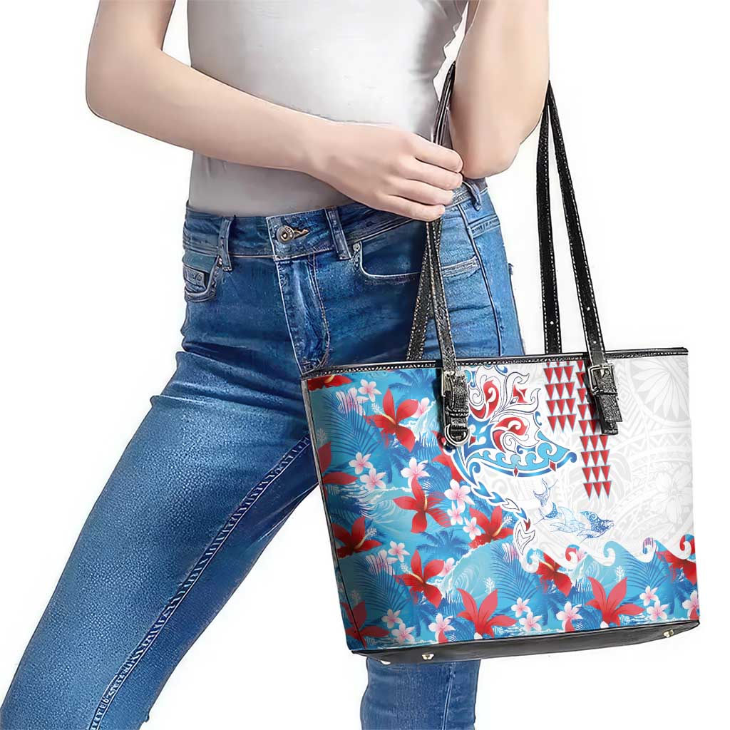 Hawaiian Tribal Manta Ray Leather Tote Bag Kakau Tattoo and Flowers Surfing Waves Pattern Ocean Color